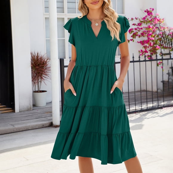Tank Dress for Women in Clearance Solid Dresses for Women Summer Casual Sleeveless Fold Self Tie Front Pleated Mini Sundress Beach Vacation Dress with Pocket Green M