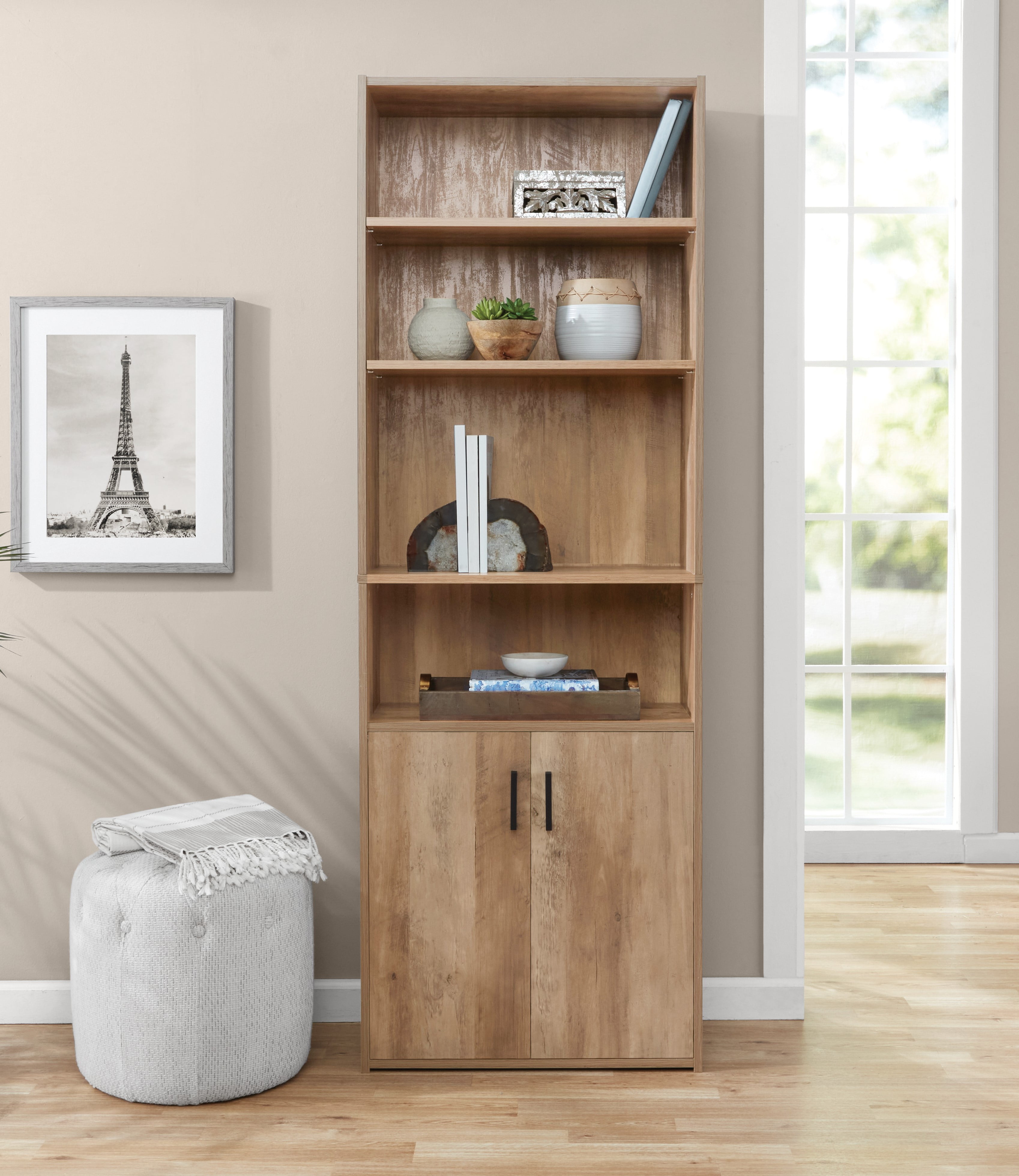 Mainstays Traditional 5 Shelf Bookcase with Doors, Weathered Oak Finish  (图5)