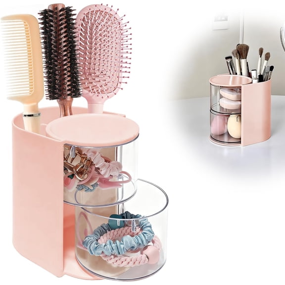 ABPETE Hair Brush Holder & Hair Accessory Organizer, 2-Layer Clear Hair Accessories Organizer Rotatable Small Jewelry Box for Clip Earring Necklaces, The Latest Gift for A Girl. (pink, Trumpet)
