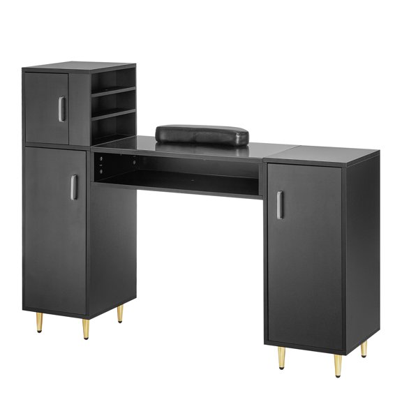 VEVOR Manicure Table, Glass Top Nail Desk, Makeup Dressing Nail Station with Storage Cabinets, Acetone-Resistant Nail Tech Table for Spa Beauty Salon Workstation with Wrist Rest, 8 Metal Legs, Black