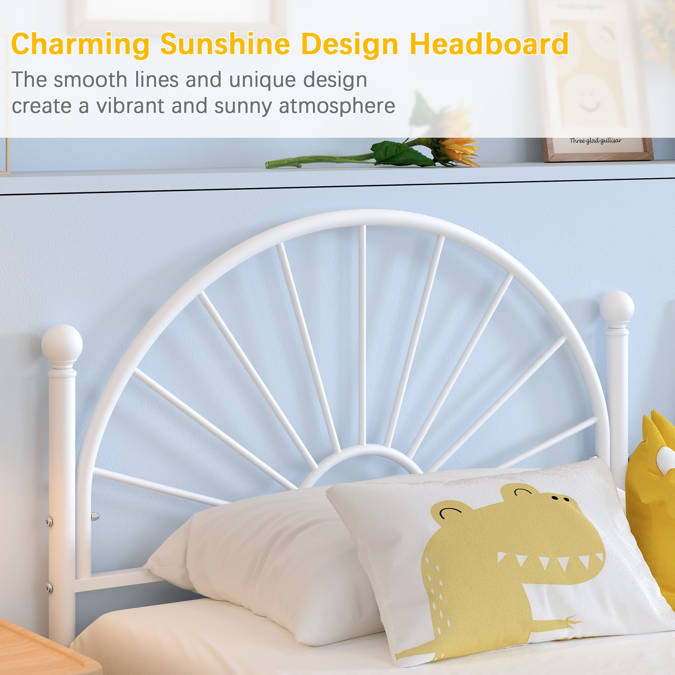 Yoneston Twin Metal Bed Frame with Unique Sun Curve Shape Headboard for Teens Kids Toddlers Bedroom Furniture, White