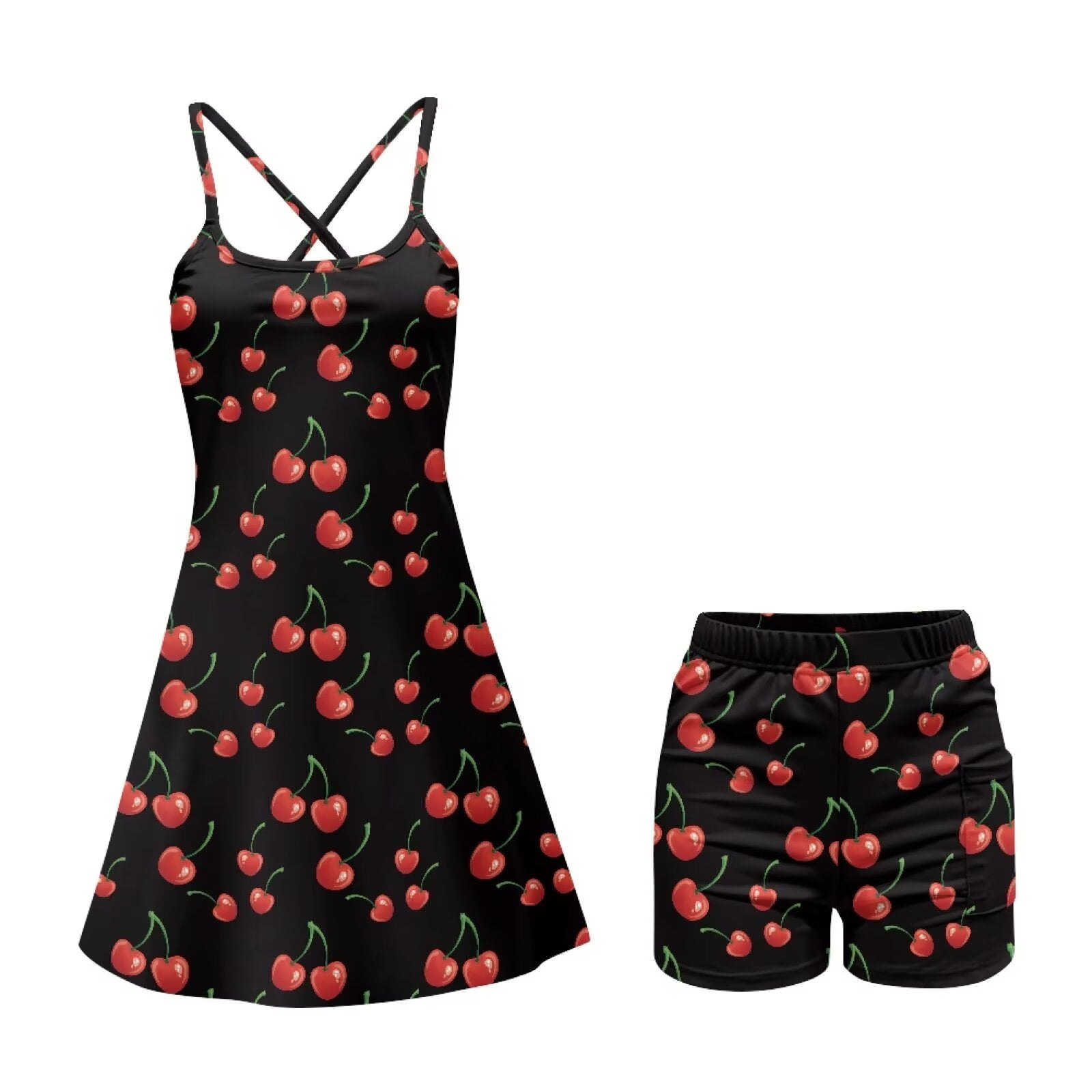 Yuyamidu Cherry Womens Tennis Dress Built in Shorts Spaghetti Straps Cute Exercise Workout Dress with Pockets Golf Athletic Dresses for Women Size M