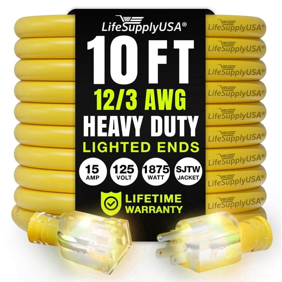 10ft Outdoor/Indoor Extension Cord 12/3 Gauge Extra Heavy Duty 3 Prong SJTW, Waterproof, Flexible Cold-Resistant Long Power Cord,125 Amp 1875W, Yellow by LifeSupplyUSA