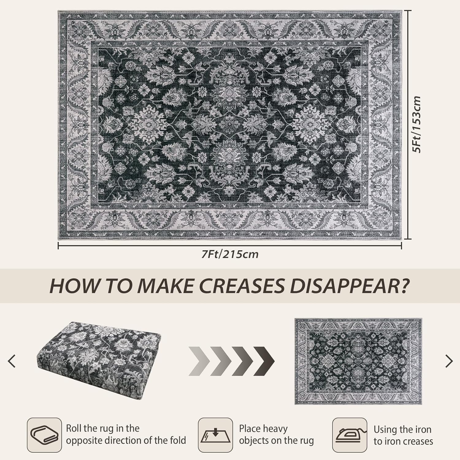 Homore Vintage Boho Traditional Oriental Faux Wool Area Rug, 4' x 6', Gray
