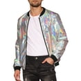 thumbnail image 4 of INSPIRE CHIC Metallic Varsity Jacket for Men's Zip Up Long Sleeves Holographic Jacket XL Silver, 4 of 5