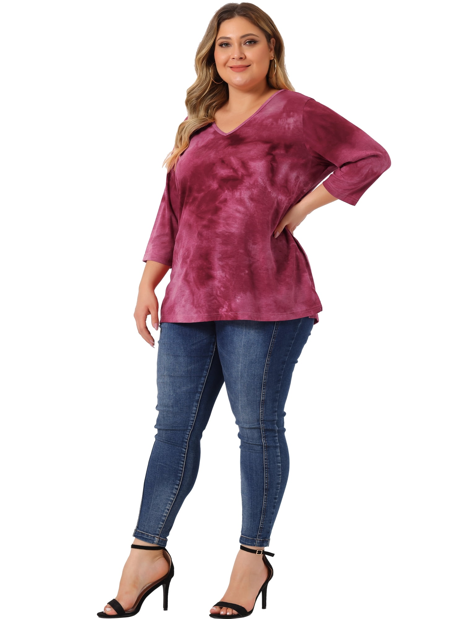 DARING DIVA Women's Plus Size V Neck 3/4 Sleeve Striped Tie Dye Blouse L Hot Pink