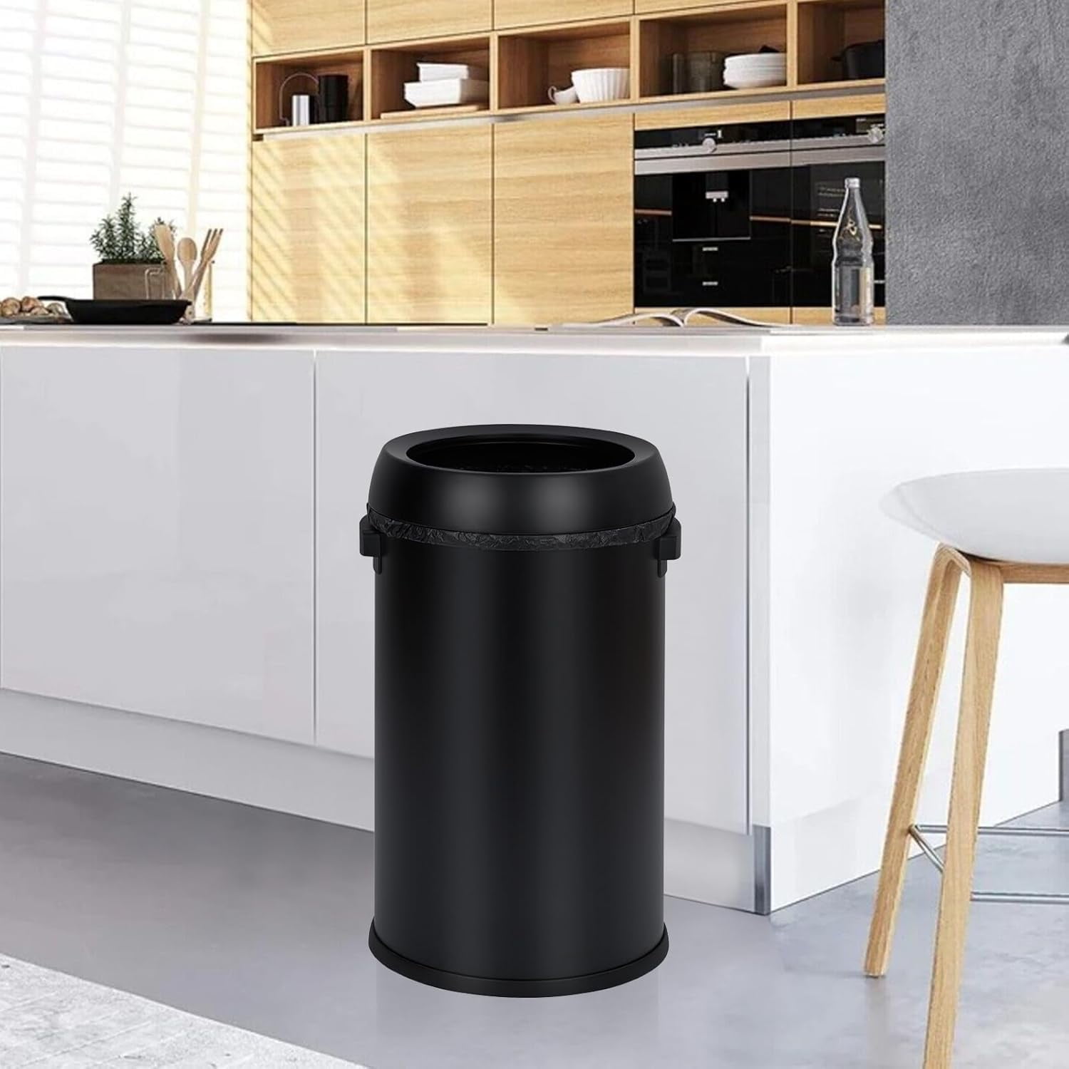 Garvee 17 Gallon Stainless Steel Round Trash Can with Open Lid, Fingerprint-Proof, Removable Inner Liner for Kitchen, Office, Living Room, or Bathroom, Black