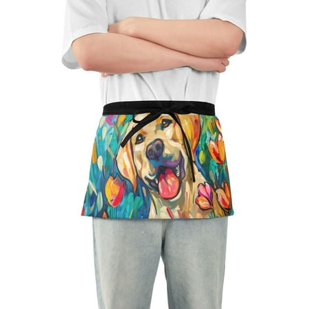 

Labrador Dog Flower Waist Apron Adjustable Server Half Apron Kitchen Cooking with 3 Pockets for Men Women