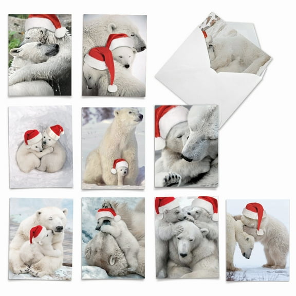 10 Assorted Merry Christmas Note Cards with Envelopes (4 x 5.12 Inch) - Bear Hugs AM6327XSG-B1x10
