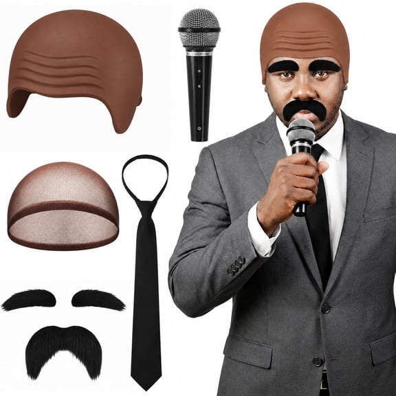 EBaokuup 6 Pcs Halloween Bald Cap Costume Set, Speaker Cosplay Accessories with Mustache, Eyebrows and Tie
