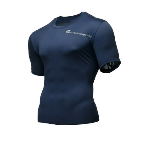 Wait Training T-shirt - Fusion VS Wear Men's Microfiber Slim Fit Compression Short Sleeve Athletic Sport Performance Training Thermal Baselayer Tactical Crew T-Shirt Made in USA Large Blue