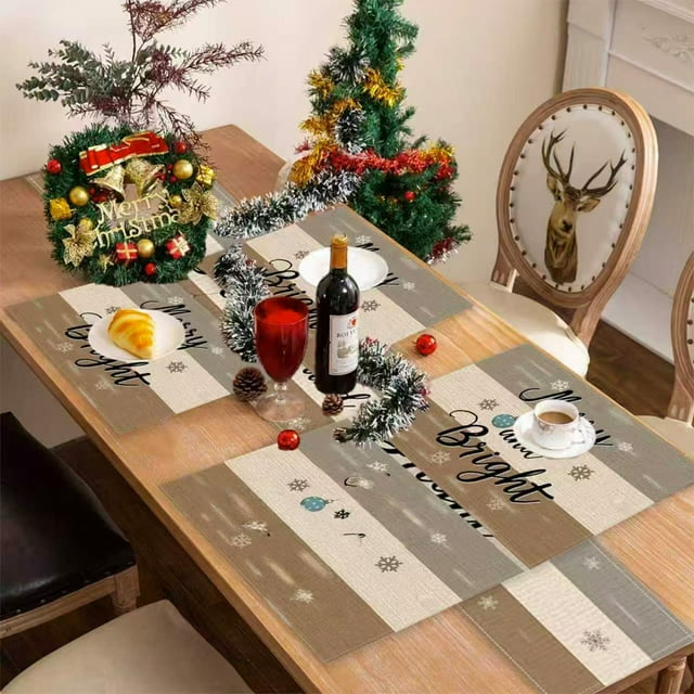 Aodebiao Christmas Table Runner & Placemats Set Linen Holiday Dining Decor for Festive Party Restaurant Table Setting Washable Reusable