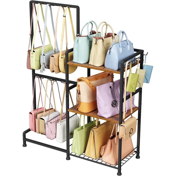 X-COSRACK Freestanding Purse Organizer Stand, 3-Tier Heavy Duty Metal & Wood Handbag Display Rack with 15 Hooks, Adjustable Closet Bag Storage Shelf, Black