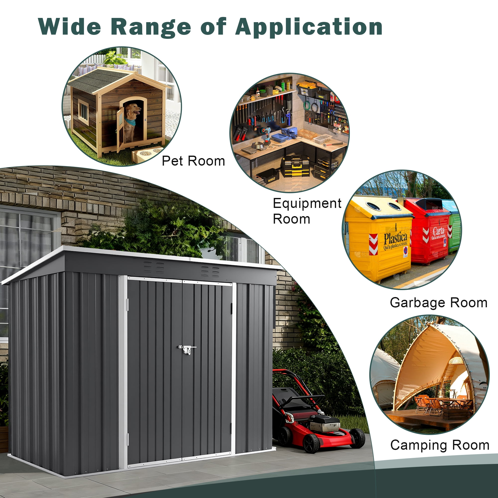 8 x 4 FT Storage Sheds, Galvanized Metal Outdoor Shed with Lockable Door, Heavy Duty Outdoor Storage Cabinet for Garden