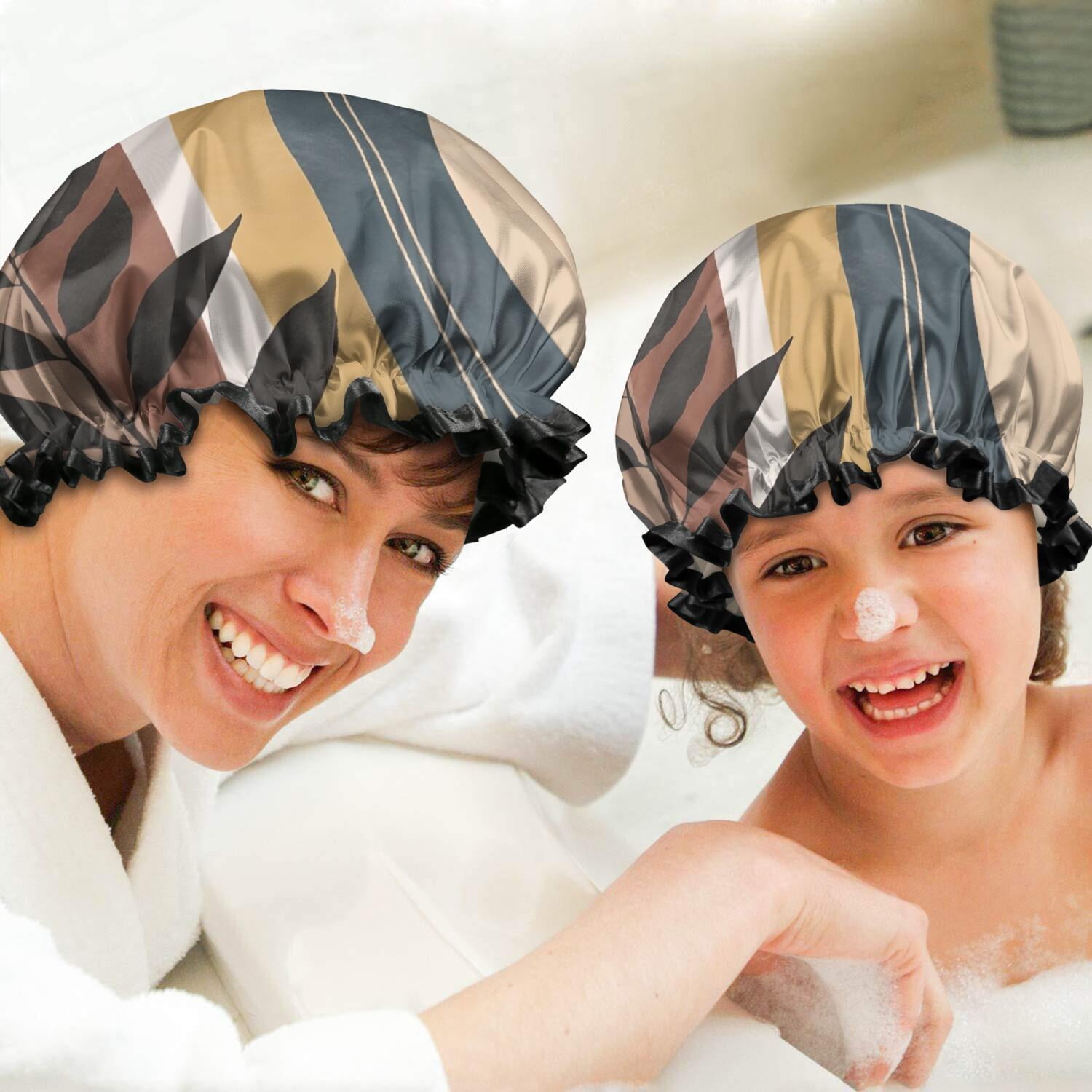 Shower Caps,Brown Boho Geometric and Plant Pattern Waterproof Shower Cap for Women 4 Pieces,Double Reusable Hair Cover for Shower PEVA Elastic Stretch Hem