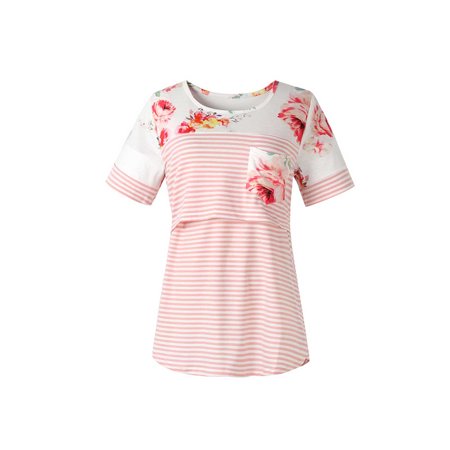 

Egmy Maternity T-shirt Short-sleeved Stripe Printing Nursing Clothes Maternity Top
