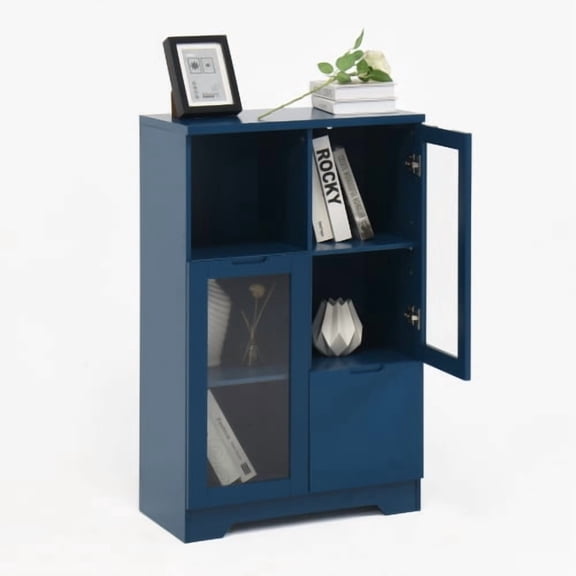 Cterwk 2 Glass Doors Floor Cabinet with and Inner Shelves, Wooden Storage Cabinet for Living Room, Bathroom, Entryway, Blue