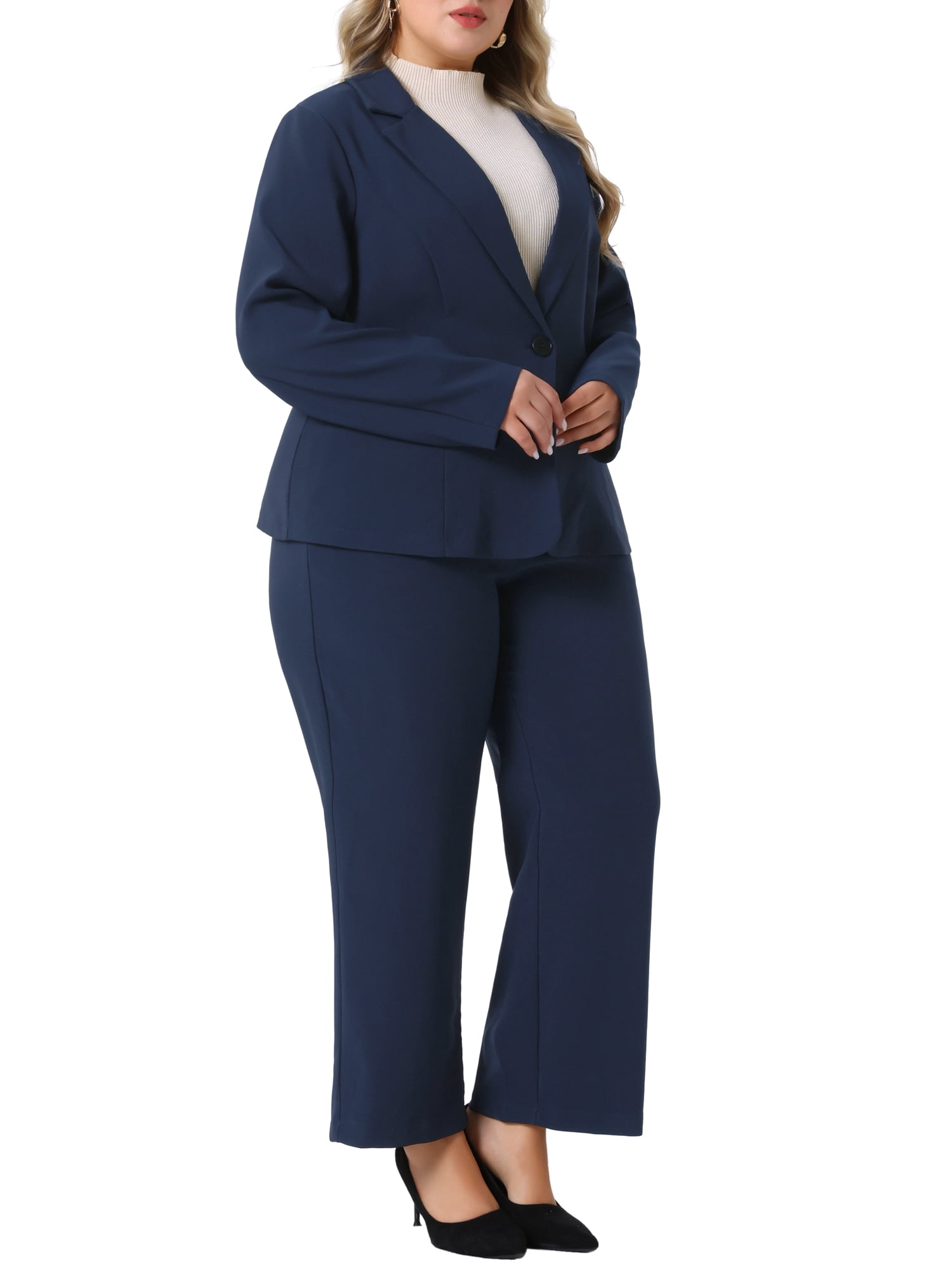 DARING DIVA Women's Plus 2 Pieces Business Office Blazer and Pants Suit Set 4X Dark Blue