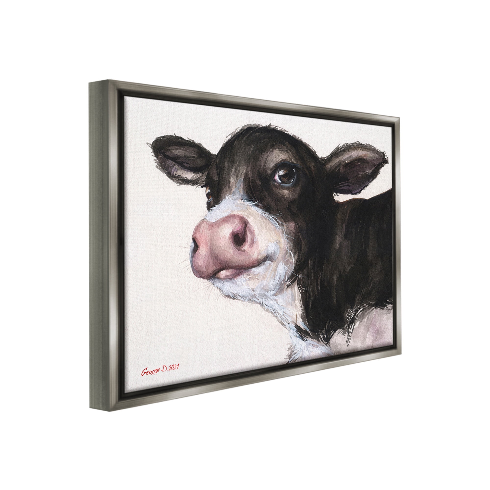 Stupell Industries Cow Calf Minimal Painting Animals & Insects Painting Gray Floater Framed Canvas Art Print Wall Art, 31 x 25
