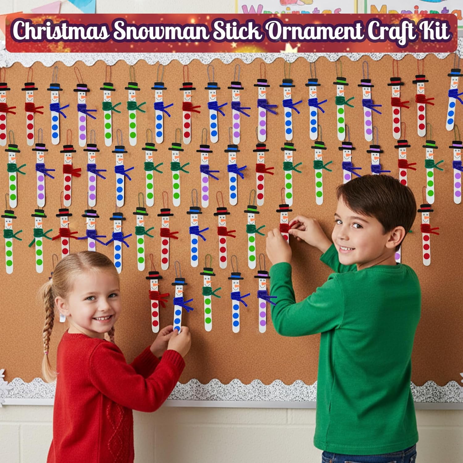 4E's Novelty Christmas Snowman Stick Ornament Craft Kit (12 Pack) Bulk Christmas Crafts for Kids