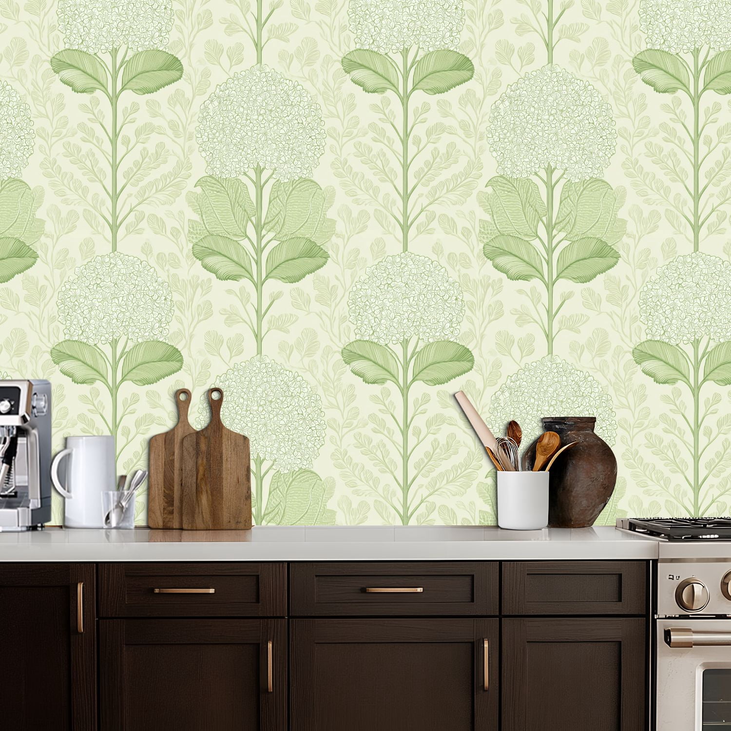 Sage Green Peel and Stick Wallpaper Green Botanical Floral Hydrangea Blossoms Leaves Wall Mural 17.7in x 9.8ft Self Adhesive Removable Wall Paper Renter Friendly Wallpaper for Girls Bedroom