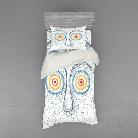 Psychedelic Duvet Cover Set, Confused Man Portrait Human Face with Large Hypnotic Eyes Trance Hand Drawn, Bedding Set with Shams and Fitted Sheet, 3 Sizes, by Ambesonne