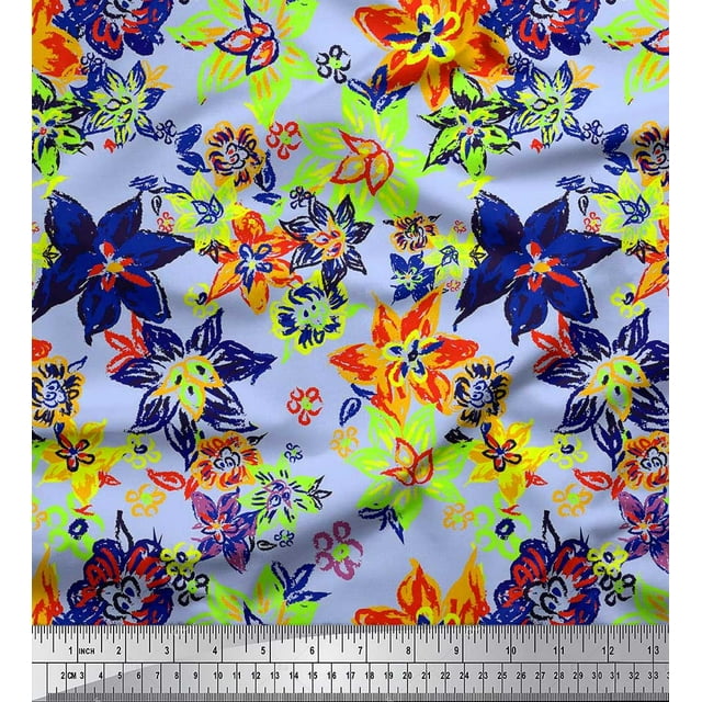 Soimoi Blue polyester Crepe Fabric Floral Print Sewing Fabric BTY 42 Inch Wide