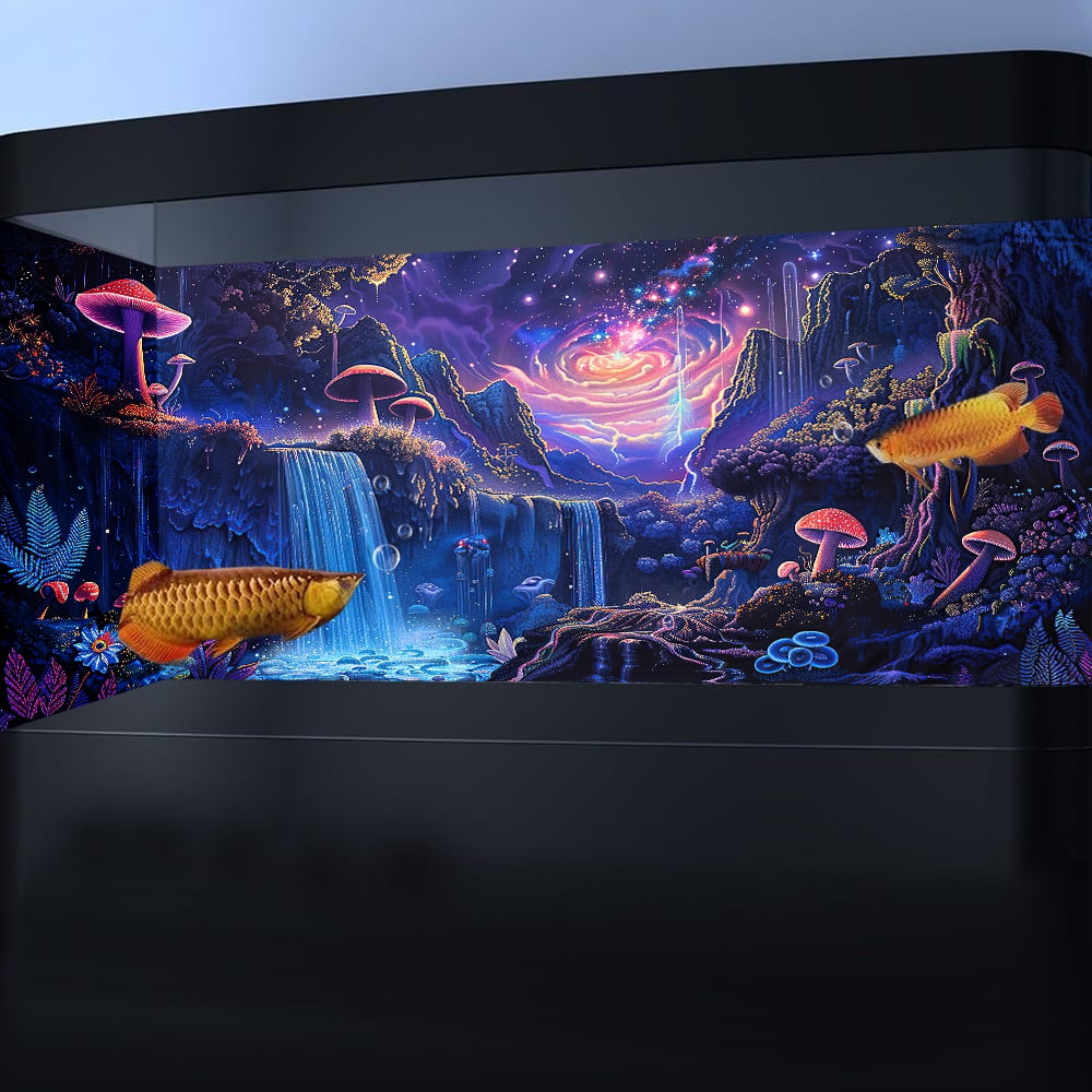 Galaxy Space Planet Aquarium Background, Waterfall Landscape Tapestry Fantasy Mountain Wave Wall Tapestry Mysterious Neon Plants Fish Tank