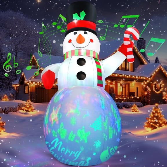 Yexmas 7FT Christmas Inflatables Snowman Blow Up Yard Decor with Music & 360 Rotation Colorful Projector LED Light for Outdoor Christmas Party ,Garden and Lawn