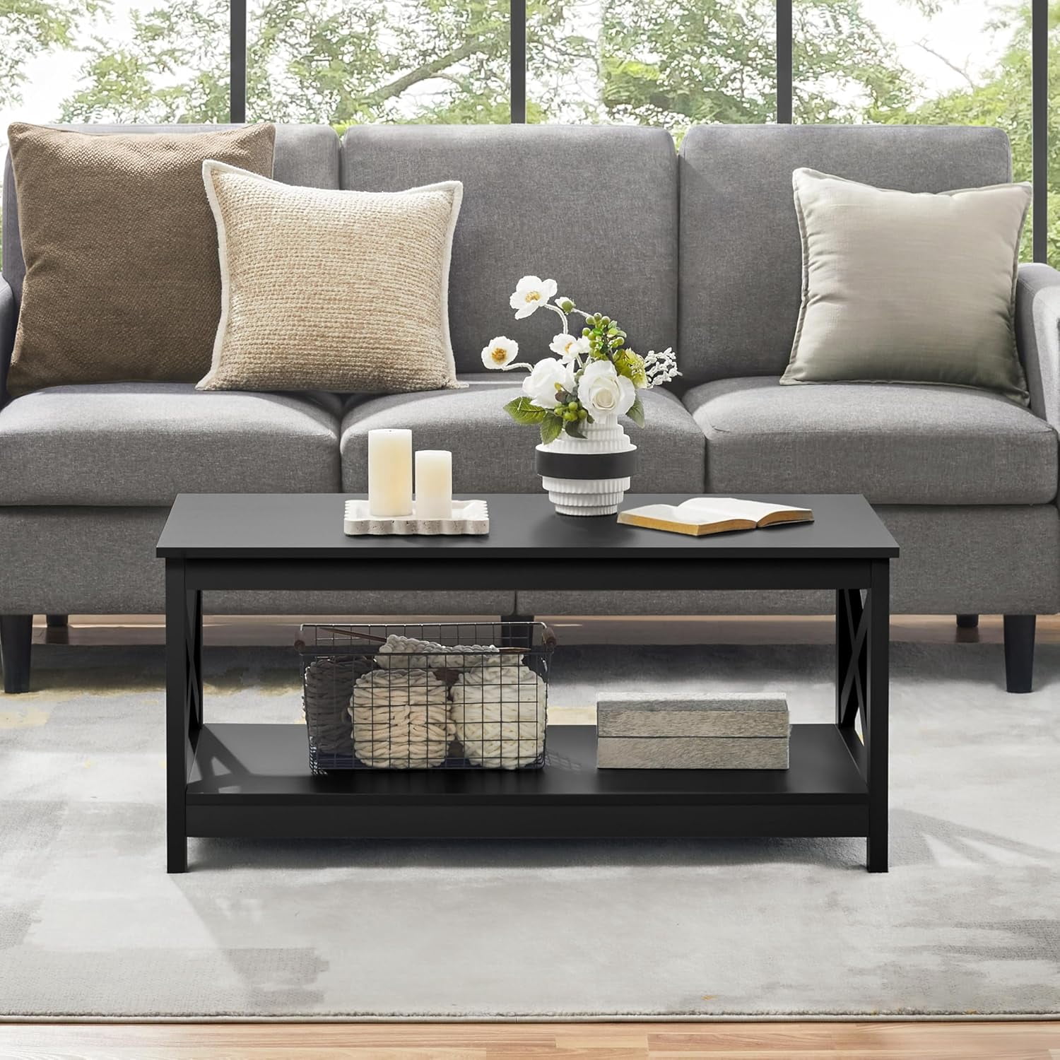 Wood 2-Tier Black Coffee Table with Storage Shelf for Living Room, X Design Accent Cocktail Table, Easy Assembly Home Furniture, 39.5 x 20 x 18 Inches