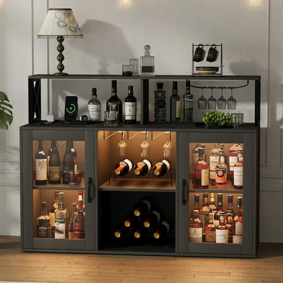 Maritcute Bar Cabinet with Power Outlets, Liquor Cabinet with Led Lights and Glass Holder, Storage Buffet Cabinet Coffee Bar Cabinet for Liquor, Wine Cabinet with Racks, Black