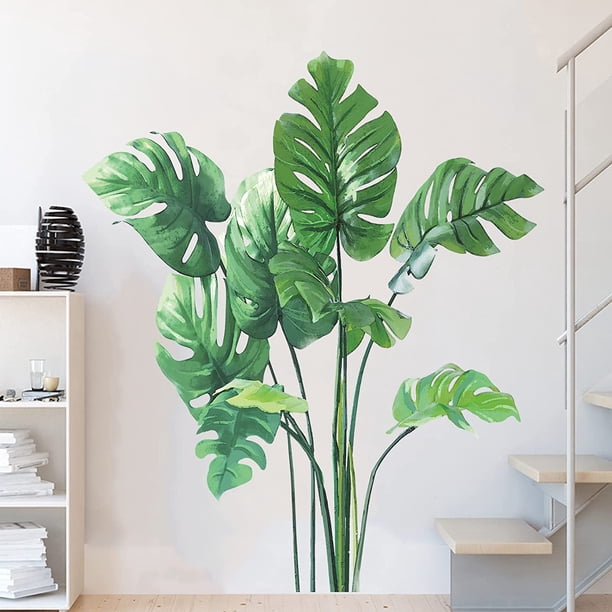 Pegatinas de pared de hojas Calcomanías de pared de plantas verdes para dormitorio, hojas de Monstera Tropical arte de pared Dedor pegatinas de pared de hoja de palma Natural JAMW Sencillez