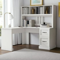 GZXS L-Shaped White Computer Desk with Hutch, 59" Large Home Office Corner Desk with 2 Drawers and Open Shelves, Modern Writing Table with Storage for Study, Bedroom, Living Room