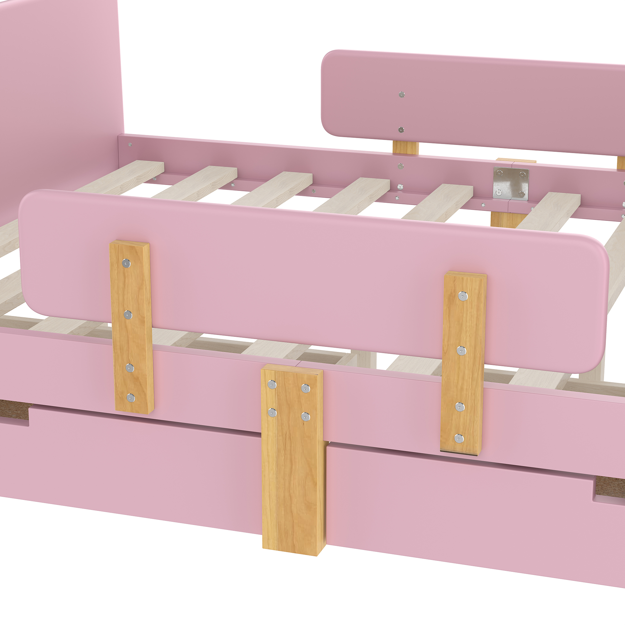 Miniyam Full Bed with Storage Drawers, Guardrails, Footboard Shelf & Side Hooks for Kid, Pink