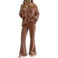 thumbnail image 4 of VISALY Women Two Piece Outfit Sets Off Shoulder Long Sleeve Knit Sweatshirts Sweater Loose Fit Flared Pants Casual Athleisure Sweatsuit Trendy Lounge Travel Workout Matching Tracksuit Khaki Xxl, 4 of 9