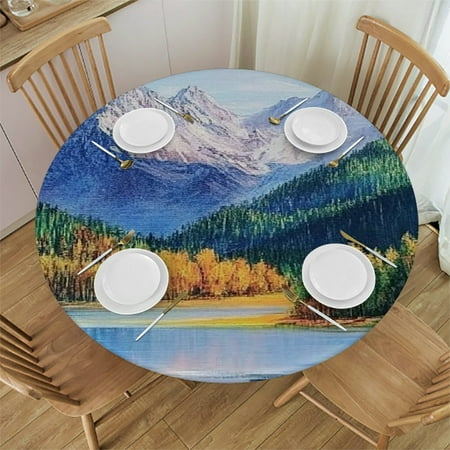 

Palnkart Mountain Lake Trees Round Tablecloth Stain-Resistant Washable Indoor Outdoor Tablecloth with Elastic Edge Waterproof Ideal for Restaurants Weddings Parties 38 -42