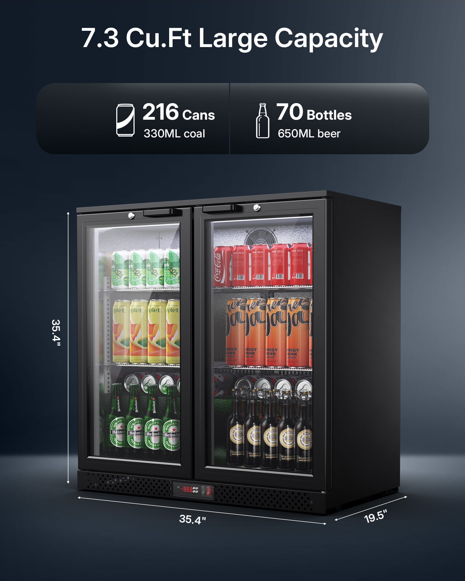 Upstreman 7.3 Cu.Ft Wine and Beverage Refrigerator, Dual Zone Wine Cooler Beverage Fridge 2 Glass Door Commercial Refrigerator, 70 Bottles and 216 Cans, BB73