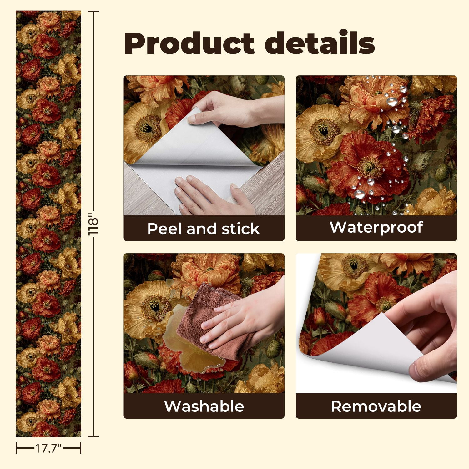 Vintage Peel and Stick Wallpaper Hyper Realistic Close Up Poppies Blooming Vibrant Colors Wall Mural 17.7in x 9.8ft Self Adhesive Removable Wall Paper Floral Contact Paper for Nursery Cabinets
