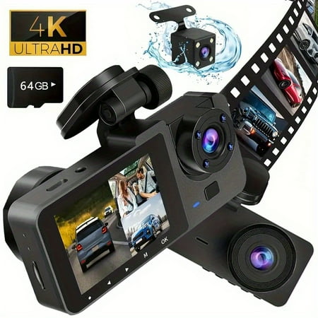 4K Front & Rear Dash Cam with 1080P Interior, 3-Channel Recording, IR Night Vision, 64GB SD Card, WDR, Parking Mode, Loop Recording