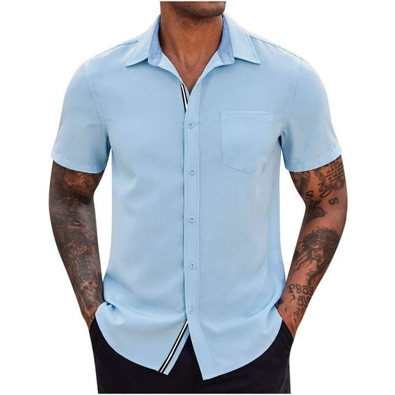 ZCFZJW Men's Casual Button Down Shirts Stretch Short Sleeve Business Dress Shirt with Pocket Trendy Holiday Vacation Beach T-Shirt Tops Light Blue XL
