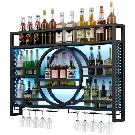 3-Tier Wine Rack Wall Mounted with LED Lights [NO ASSEMBLY REQUIRED], 39"Floating Bar Shelves with Wine Glass Holder Hanging Liquor Shelf Wall-Mounted Wine Racks Cabinets for Home Bar