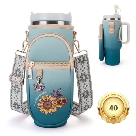 【Mother’s Day Gift Present】Water Bottle Carrier Bag for 40 oz Tumbler with Phone Pocket Purses Water Bottle Holder with Adjustable Wide Strap, with straw cover and key chain, black and gray