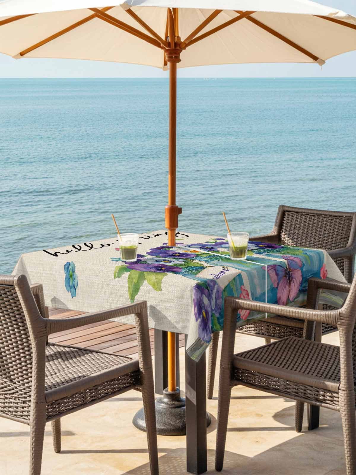 Hello Spring Outdoor Tablecloth - 54x54 Inch Square Dining Table Cover, Pastoral Purple Bottle Floral Rustic Burlap Waterproof Outdoor Table Cloth with Umbrella Hole & Zipper for Picnic/Patio/Party