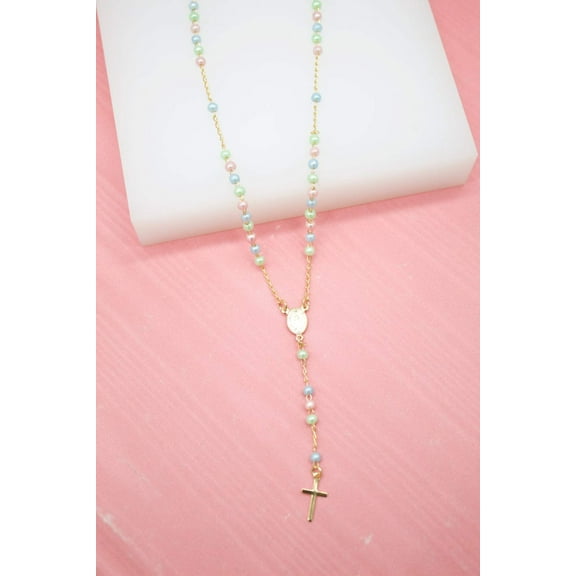 Gold Multi-Color Bead Rosary with Crucifix  Virgin Mary Charm (F255A)