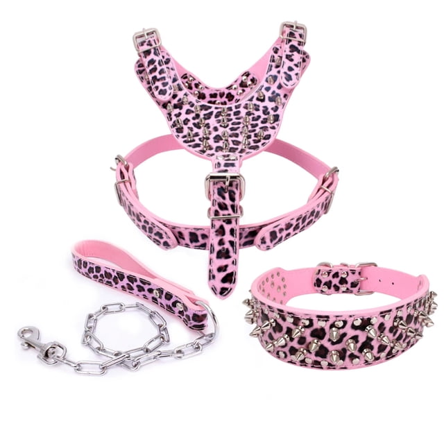 Leather Dog Harness Spiked Studded Dog Pet Collar Harness and Chain Leash Set for Medium Large Xlarge Breeds Pitbull Mastiff ShopWise Round