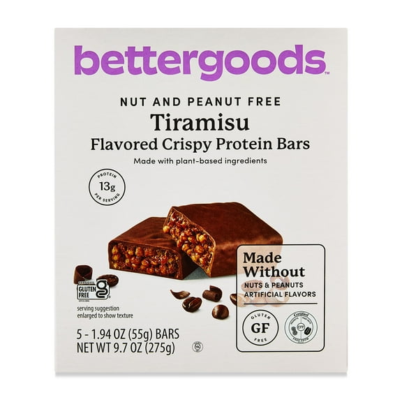 bettergoods Crispy Protein Bar, Gluten-Free & Peanut-Free Certified, Tiramisu Flavored 9.7 oz, 5 Count