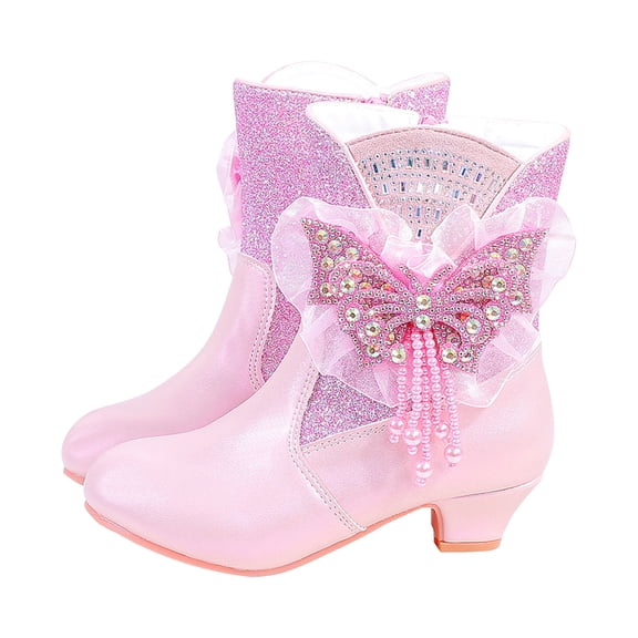 Kids Snow Boots Girls Glitter Splice Winter Ankle Booties with Sweet Rhinestone Beaded Bow Casual Warm Furry Lined Side Zipper Kitten Heel Princess Dress Boots 12.5 Little Kid Red