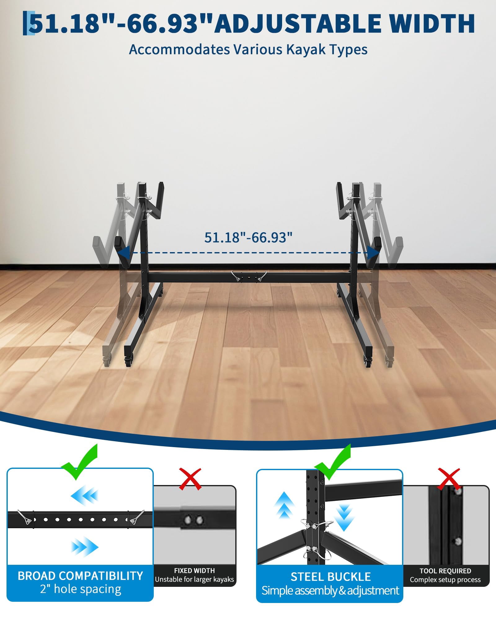 Kayak Storage Rack, Heavy Duty Freestanding Kayak Rack for Garage and Outdoor Storage, Kayak Stand Adjustable for Kayak, Canoe, Surfboard and Paddle Board,