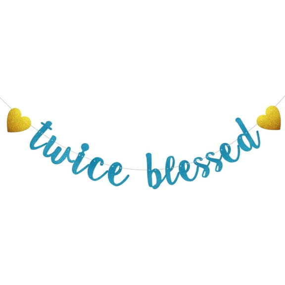 Twice Blessed Banner, Pre-Strung, No Assembly Required, Funny Blue Glitter Paper Party Decorations for Twins Baby Shower/Pregnancy Announcement Party Supplies, Letters Blue
