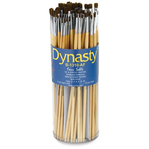 Dynasty® B-1310-AF Flat Faux Sable Hair Long Handle Paint Brush Set, Assorted Size, Set of 72